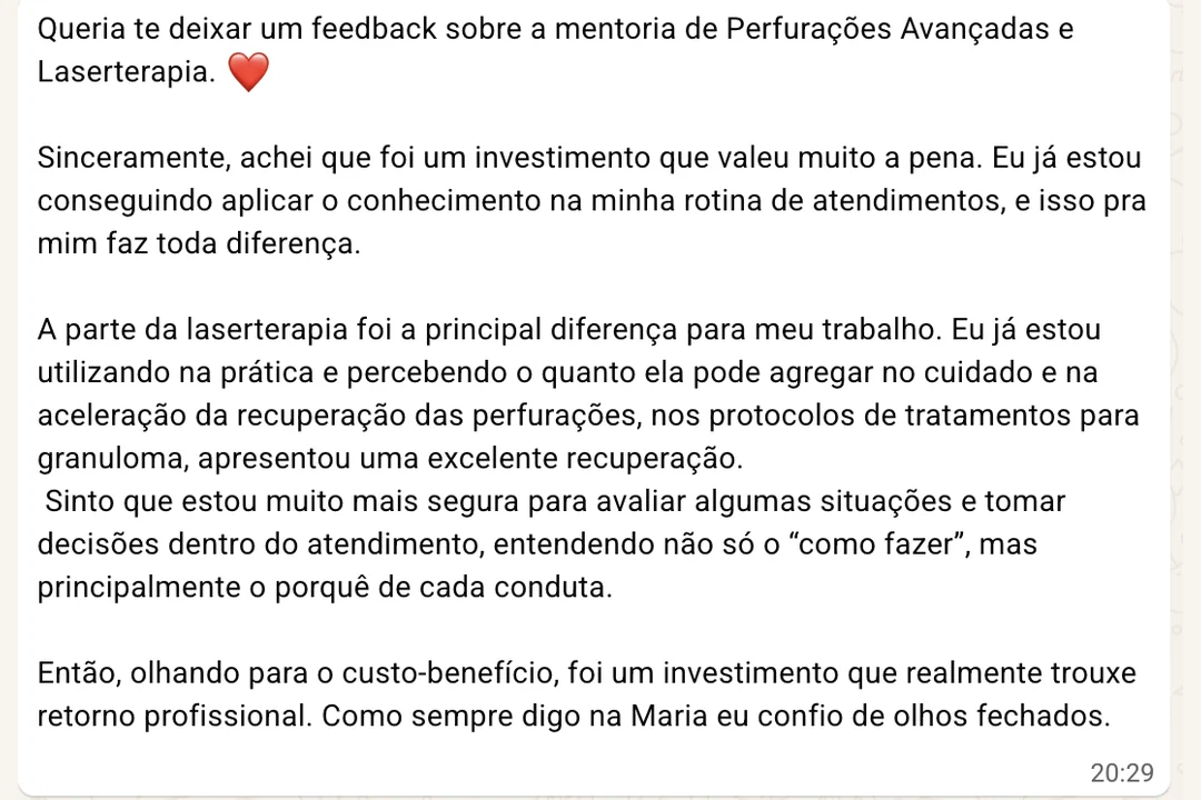 Feedback de aluna sobre a laserterapia do Master Piercer