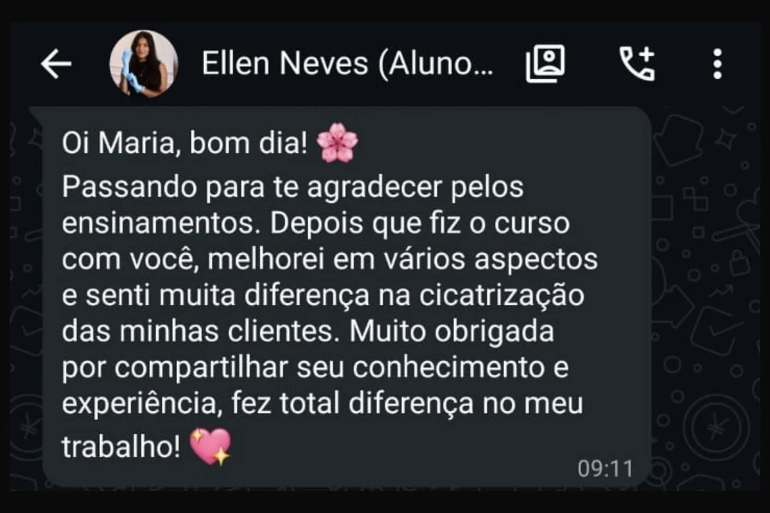Feedback da aluna Ellen Neves sobre a cicatrização das clientes