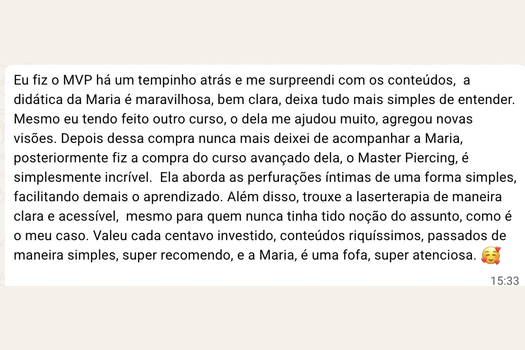 Feedback de aluna sobre o conteúdo do Master Piercer