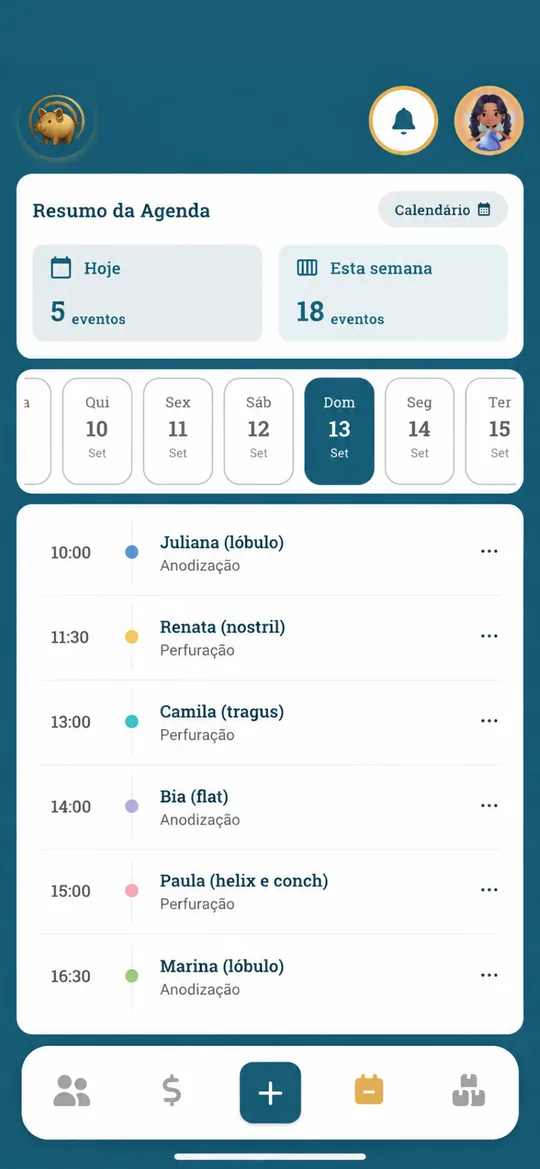 Tela do Organiza Piercing: agenda de atendimentos
