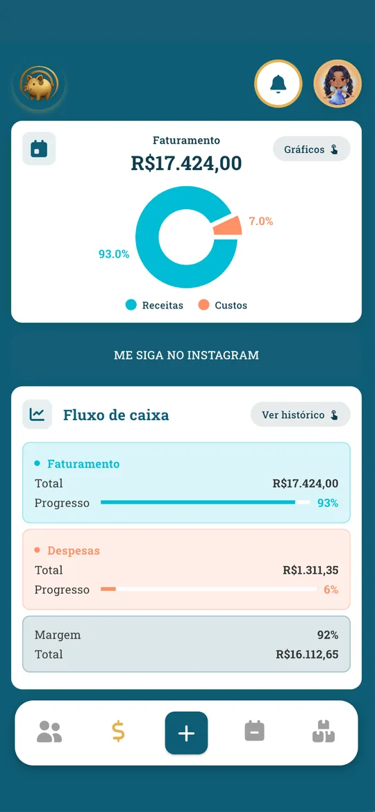 Tela do Organiza Piercing: fluxo de caixa
