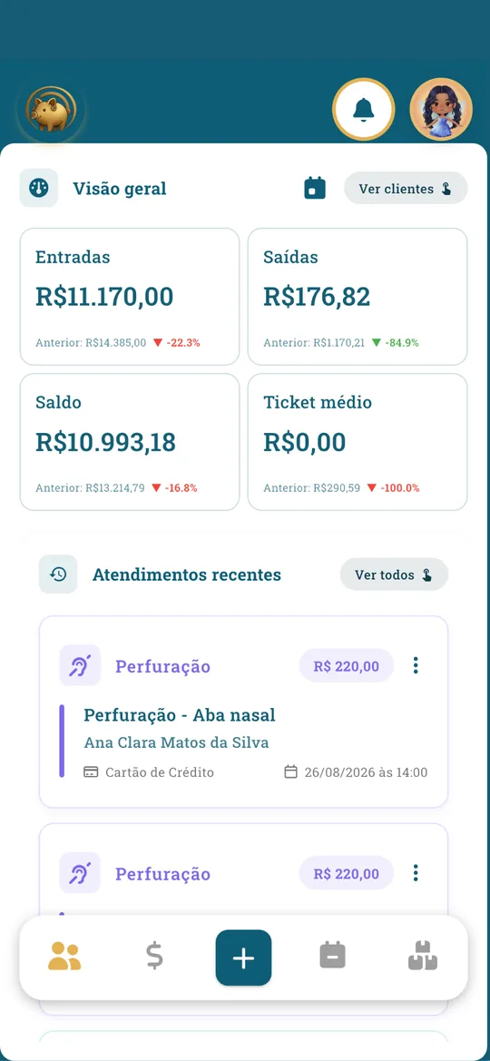 Tela do Organiza Piercing: visão geral